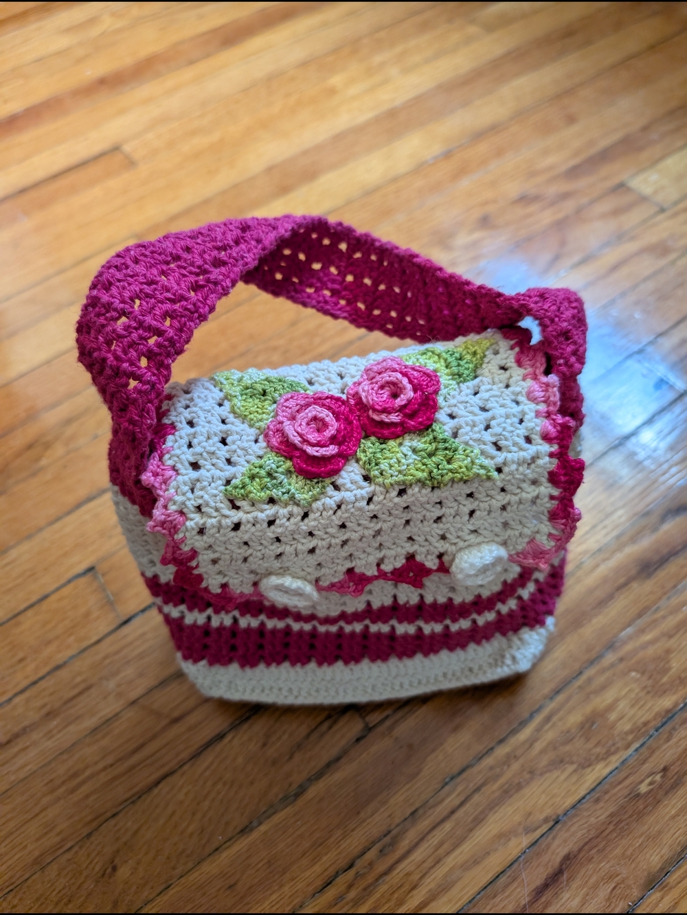 Handmade Crochet Floral Hand Bag - Pink & Cream